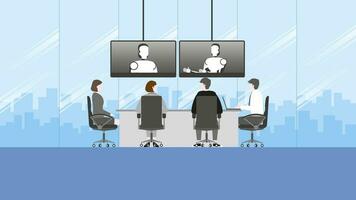 People sit and listen to the robot talking by internet from video conference in office room. vector