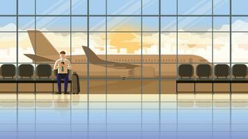 empleado salario hombre utilizando inteligente teléfono esperando a terminal embarque portón para avión vuelo negocio viaje vector