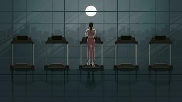 Back view of woman running on treadmill in empty fitness center at night vector