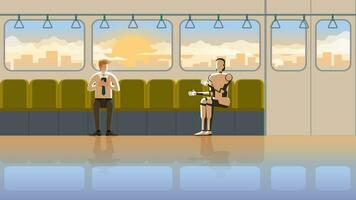 A man sits and listens to the robot speak on a train public transportation vector