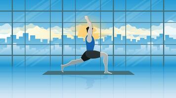 yoga postura y meditación de hombre practicando ejercicios en equilibrar actitud y cuerpo extensión. vector
