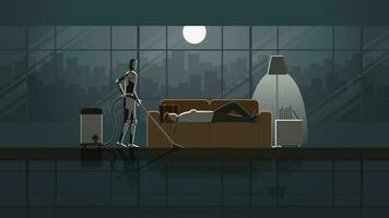 Robot clean and work as maid in the house for 24 hours in the dark and full moonlight with people. vector