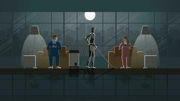 Robot work as maid in the house for 24 hours in the dark and full moonlight with people. vector