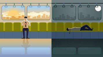 Office worker goes to work in the morning, After working sleeps on a train vector