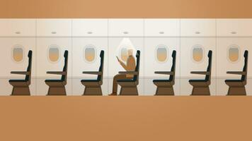 A senior white hair man is reading a book in a plane cabin alone in an orange morning sunrise. vector