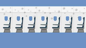Vector illustration of virus in empty aircraft interior with seven windows and passenger seats.