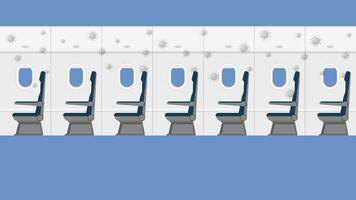 Vector illustration of virus in empty aircraft interior with seven windows and passenger seats.