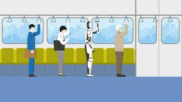 Office worker and businessman standing with a robot inside city train cabin vector