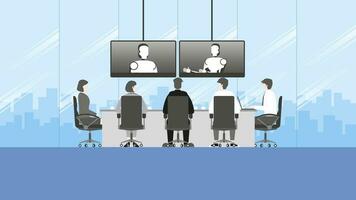 People sit and listen to the robot artificial intelligence talking by internet from video conference. vector
