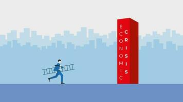 Businessman hold the ladder and run to the obstacle for step over across vector