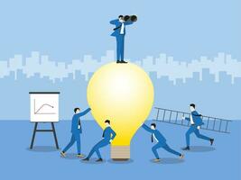 Businessman use binoculars stand on the big bulb. Look for business idea with busy teamwork vector