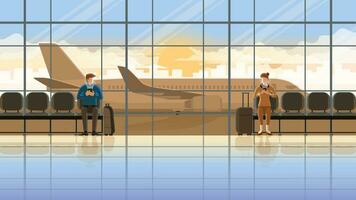 man and woman. Using smartphone at international airport terminal. vector