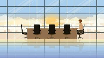 One person. Employee laptop working in company workplace meeting conference room. vector