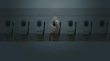 A senior white hair man is reading a book in a plane cabin alone in the dark vector