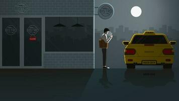 solitario asiático oficina hombre utilizar inteligente teléfono esperando para Taxi público transporte vector