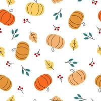 Seamless pumpkins with fall leaves and red berry vector