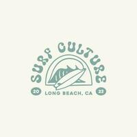 Wave with surfboard logo design template for surf club, surf shop, surf merch. vector