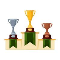 tazas en un pararse. premio tazas en un pedestal. premio ceremonia. Deportes premios en competiciones un conjunto de oro, plata y bronce trofeos vector