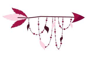 Arrow decorated with feathers and beads in boho style on a white background. vector