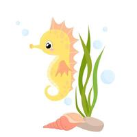 Small seahorse among bubbles and algae. Sea animal in a flat style on a white background. vector