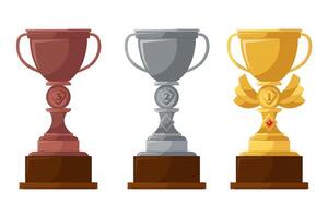 Goblets, trophy. Prize for the winner of a contest or competition. Shiny goblets icons. Gold, silver and bronze trophy cup. vector