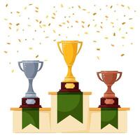 Prize cups on a pedestal with falling confetti. Cups on a stand. Award ceremony. Sports awards in competitions. A set of gold, silver and bronze trophies. vector