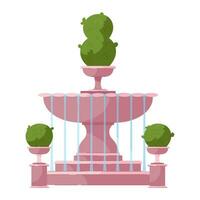 Stone fountain with elements of green plants. Three level fountain, street decoration, architecture vector Illustration on a white background