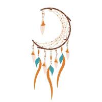 Dream catcher in boho style in the form of a crescent moon with beads and feathers. vector