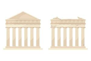 Greek temple, architecture. Vector illustration of a Greek building whole and destroyed on a white background.