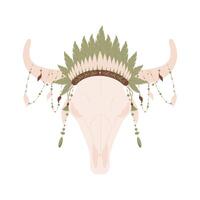 Bull skull with a crown of feathers and beads in a boho style. Skull vector illustration isolated on white background.