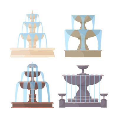Fountains. A set of illustrations of fountains with water jets in different styles.
