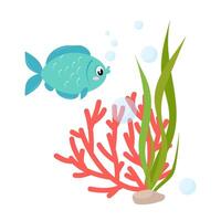 Marine fish among algae and corals on the seabed. Vector illustration of a fish in a flat style on a white background.