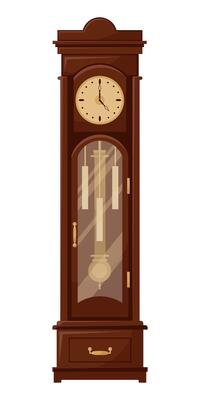 Vector illustration of an old clock with a pendulum on a white background. Antique clock isolated cartoon icon.