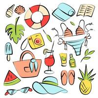 Summer set of illustrations isolated on white background. Doodle illustrations with color spots. Summer items hand drawn. vector