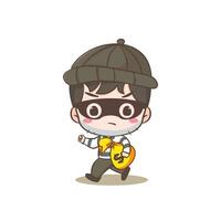 Cute thief stealing money cartoon character. Robber concept design isolated background. Adorable chibi vector art illustration.