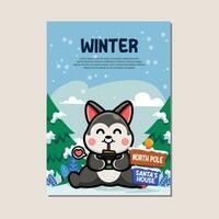 Poster template for winter with cute husky vector