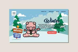 Landing page template for winter with cute pig vector