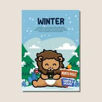 Poster template for winter with cute lion vector