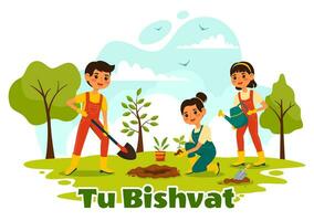 Happy Tu Bishvat Vector Illustration. Translation the Jewish New Year for Trees. Kids Planted a Tree in the Yard in Flat Cartoon Background Design