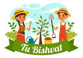 Happy Tu Bishvat Vector Illustration. Translation the Jewish New Year for Trees. Kids Planted a Tree in the Yard in Flat Cartoon Background Design