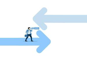 The vision concept is to see the direction of a business, predict the economy or the future. Businessman standing on giant arrow using binoculars. Flat vector illustration on white background.