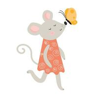 Cute vector mouse with a butterfly. Gray cartoon mouse in a dress. Cute children's vector illustration. White isolated background.