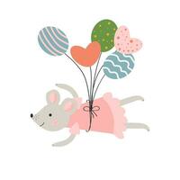 Vector mouse flying on balloons. Gray cartoon mouse in a pink dress.  Cute children's vector illustration. White isolated background.