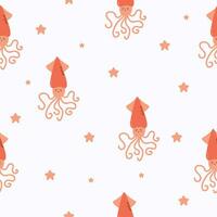 Seamless children's pattern with cute squids. Marine-themed pattern with underwater animals. Texture for fabric, packaging, textiles, clothing. Vector illustration.