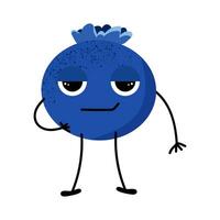 Emotion coolness. Cute vector blueberry with emotion. Cool berry. Fruit emoticon. Lively fruit. Vector cartoon illustration. White isolated background.