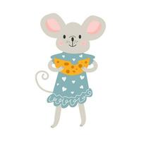 Vector mouse eating cheese. Gray cartoon mouse in a blue dress.  Cute children's vector illustration. White isolated background.