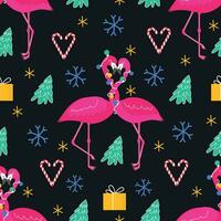 Bright Flamingo New Year and Christmas Seamless Pattern Background. vector
