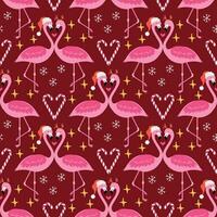 Christmas seamless pattern with flamingos on red background vector