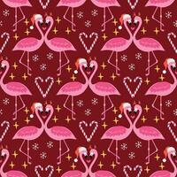 Christmas seamless pattern with flamingos on red background vector