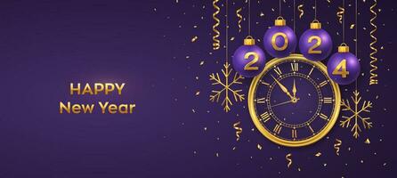 Happy New Year 2024. Hanging purple Christmas bauble balls with realistic gold 3d numbers 2024 and snowflakes. Watch with Roman numeral and countdown midnight eve for New Year. Merry Christmas. Vector